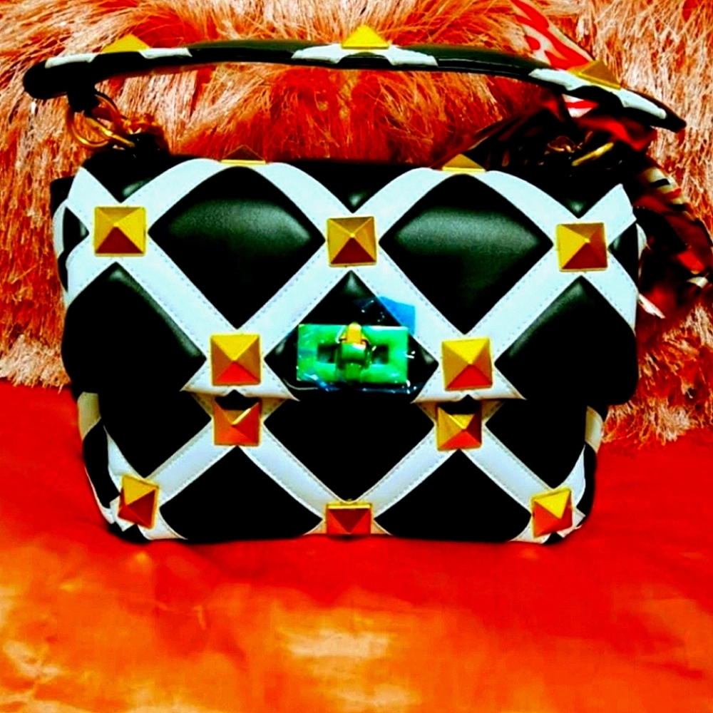 Luxurious Black and White Evening Bag Designer Chain and Gold Studs
